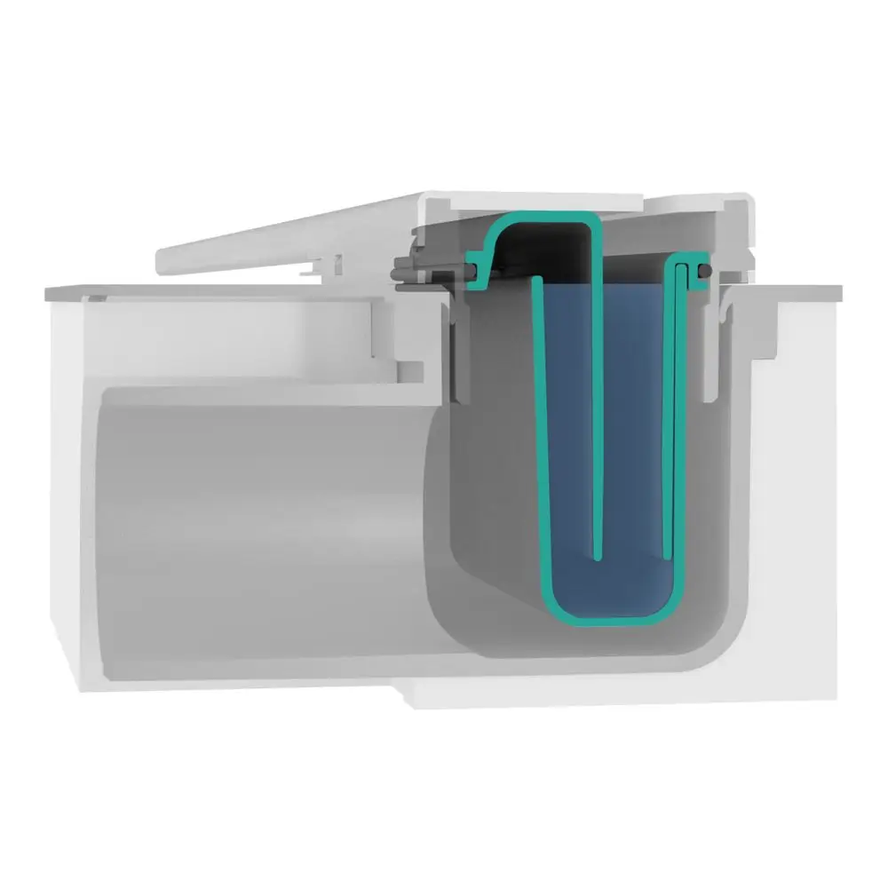 Schematische Darstellung eines Siphons mit Wasserstand, gefertigt von Hansgrohe. Der Querschnitt zeigt die Innenstruktur und die Abflussführung.